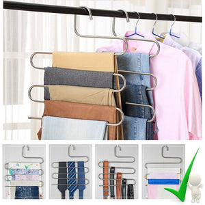 Storage organizer 4 pack s type hanger for clothing closet storage stainless steel pants hangers with 5 layers multi purpose loveyal limited space storage rack for trousers towels scarfs ties jeans 4