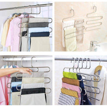 Load image into Gallery viewer, Top 4 pack s type hanger for clothing closet storage stainless steel pants hangers with 5 layers multi purpose loveyal limited space storage rack for trousers towels scarfs ties jeans 4