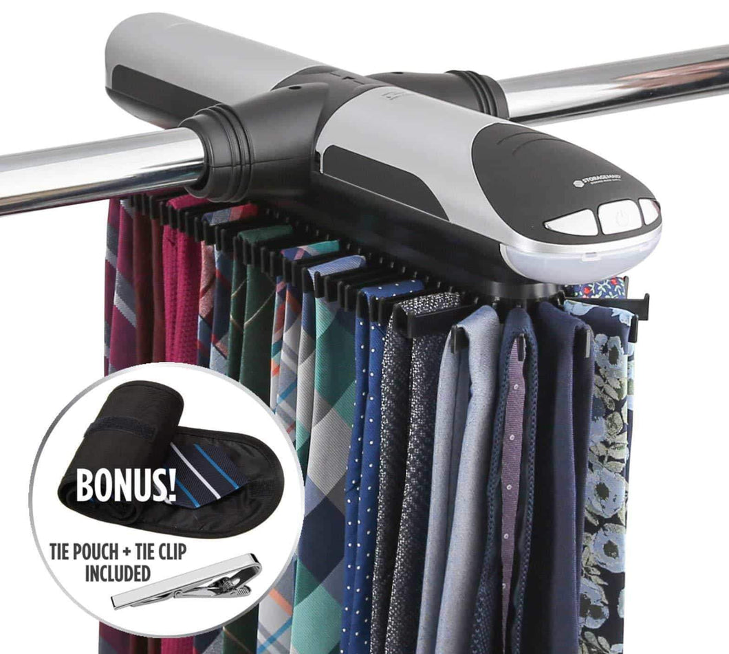 Top rated storagemaid motorized tie rack organizer for closet with led lights battery operated holds 72 ties and 8 belts includes j hooks for wire shelving bonus tie travel pouch tie clip