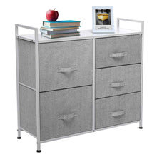 Load image into Gallery viewer, Top kingso fabric 5 drawer dresser storage tower organizer unit with sturdy steel frame and easy pull faux linen drawers for bedroom living room guest room dorm closet grey
