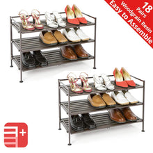 Load image into Gallery viewer, New seville classics 3 tier stackable 9 pair woodgrain resin slat shelf sturdy metal frame shoe storage rack organizer 2 pack perfect for bedroom closet entryway dorm room espresso