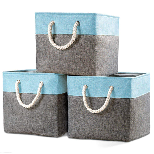Products prandom large foldable cube storage baskets bins 13x13 inch 3 pack fabric linen collapsible storage bins cubes drawer with cotton handles organizer for shelf toy nursery closet bedroomgray blue