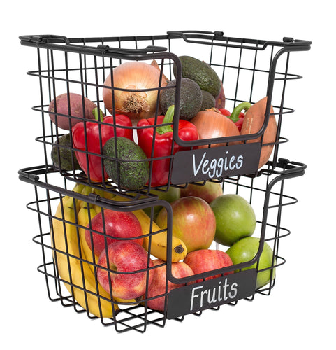 BirdRock Home Stacking Wire Market Baskets with Chalk Label - Set of 2 - Fruit Vegetable Produce Metal Storage Bin for Kitchen Counter - Black