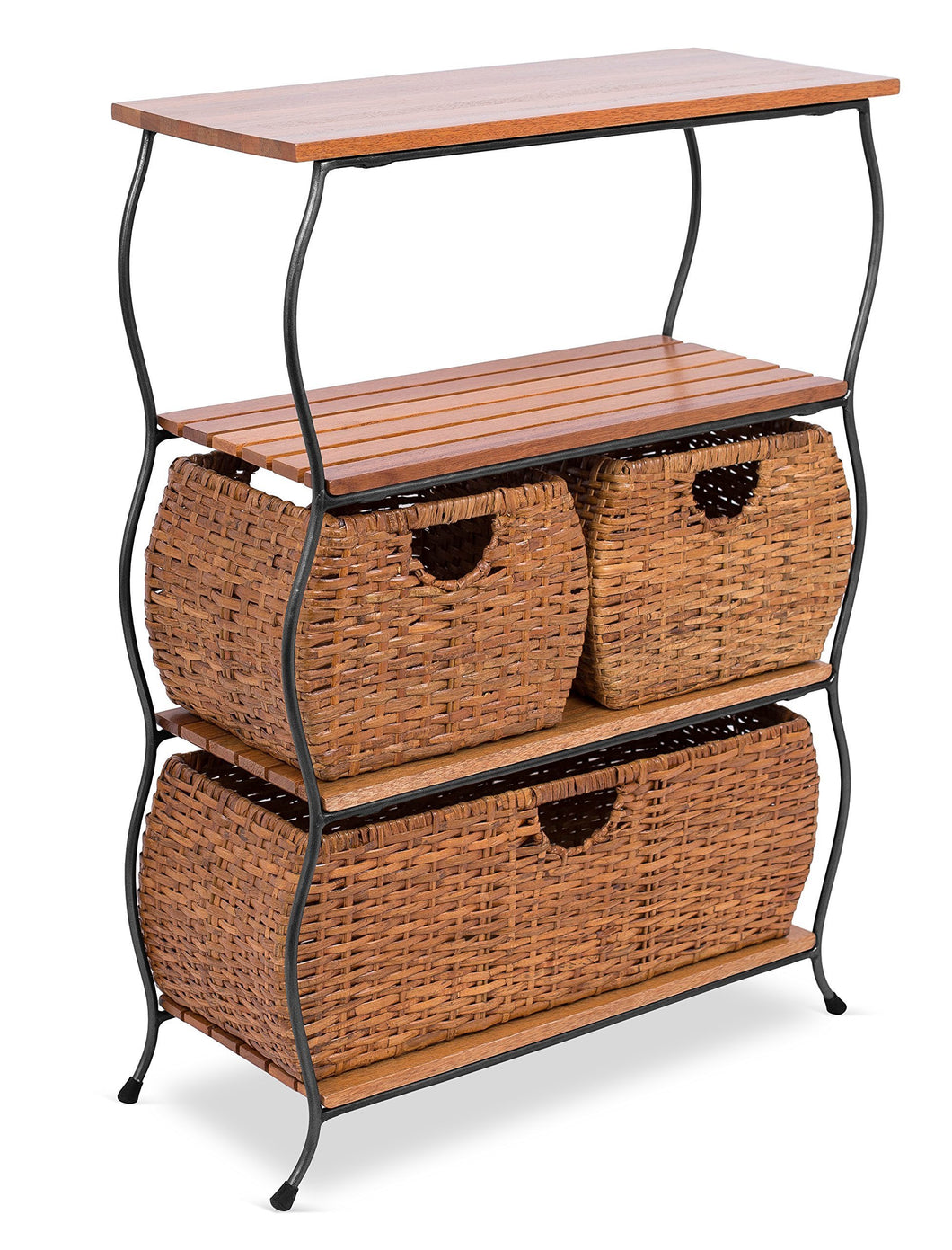 BIRDROCK HOME Industrial 4-Tier Shelving Unit with Rattan Woven Baskets - Delivered Fully Assembled - Wooden Freestanding Shelves with Storage Bins - Decorative Living Room Shelf
