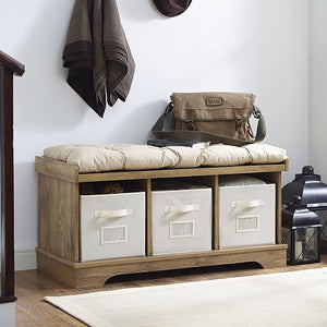42" Wood Storage Bench with Totes and Cushion , Barnwood