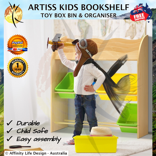Artiss Kids Bookshelf Toy Box Bin Organizer Children Bookcase 3 Tiers