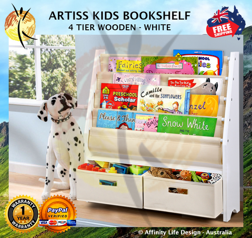 Artiss 4 Tier Kids Wooden  Bookshelf - White Children's Organiser Tidy Storage