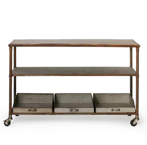 Lennox Industrial Chic Console Table Storage Shelf With 3 Storage Bins & Castor Wheels
