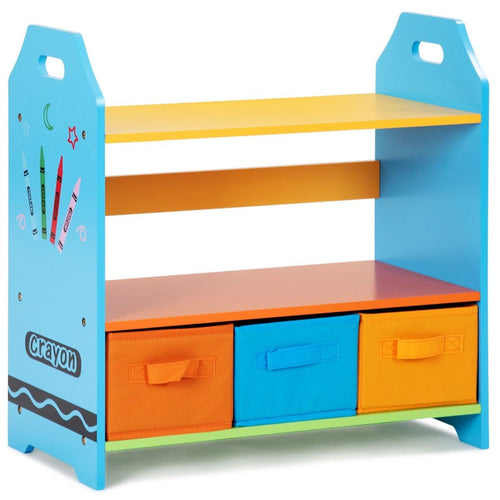2 Tiers Crayon Themed Bookshelf With 3 Storage Bins