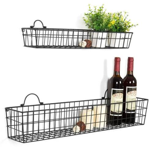 Rustic Wall-Mounted Openwork Metal Mesh Storage Baskets Display Racks, Set of 2