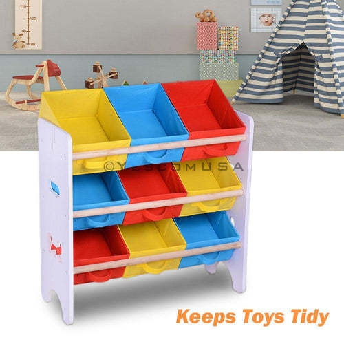 Yescom 3 Tires Kids Toys Color Organizer Wood Shelf 9-Bin Storage